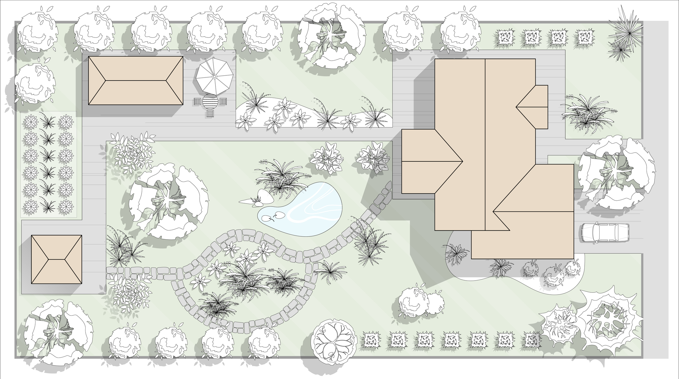 Top view landscape design plan with house, courtyard, lawn, garage. Highly detailed plan of country with modern cottage of villa with pond, pool. Vector illustration of Cityscape, Map of town, village
