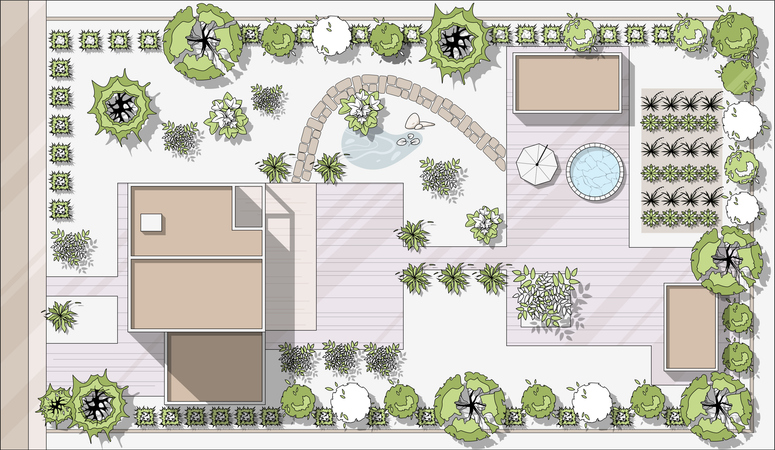 Top view landscape design plan with house, courtyard, lawn, garage. Highly detailed plan of country with modern cottage of villa with pond, pool. Vector illustration of Cityscape, Map of town, village